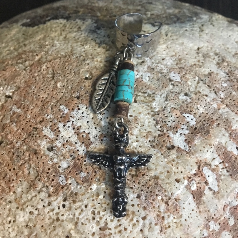 Hand Crafted Thunder Bird Totem Charm Ear Cuff Turquoise & Shell Heishi Beads
